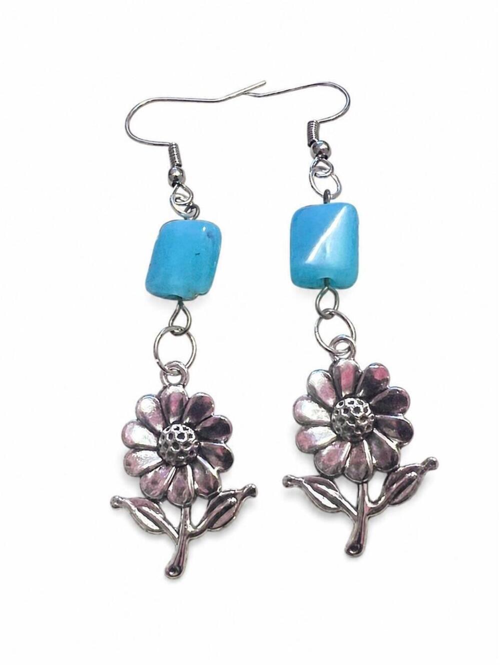 Handmade turquoise flower dangle earrings